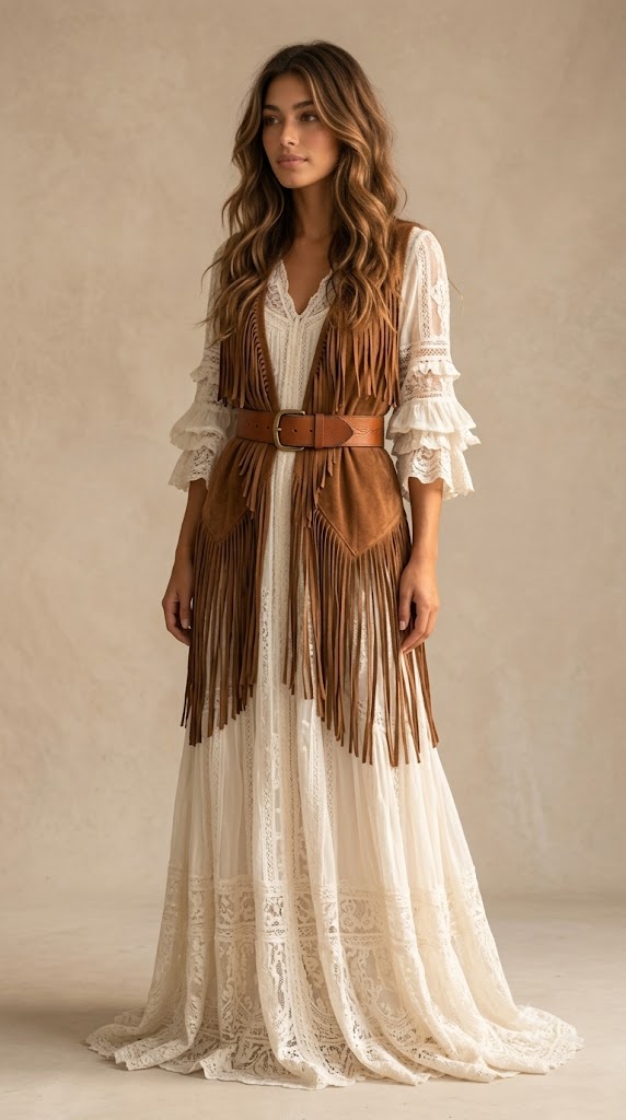 The Ivory Prairie Dress with Suede Fringe Vest